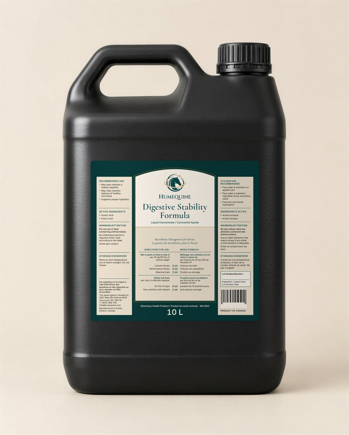 Humequine Digestive Stability Formula, 10 L bottle.