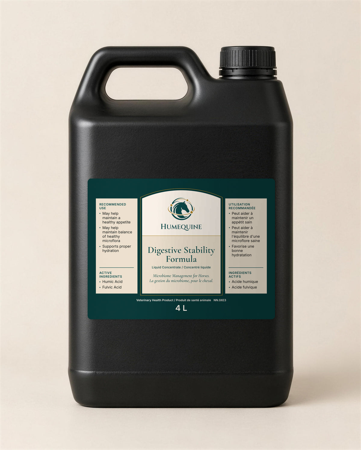 Humequine Digestive Stability Formula, 4 L bottle.