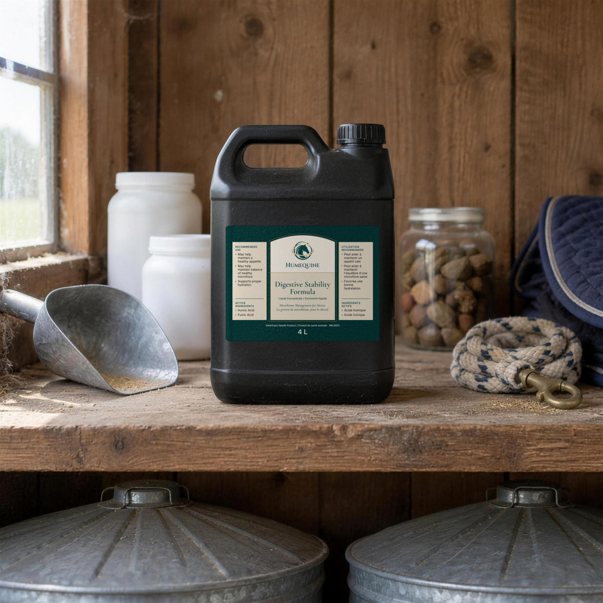 Humequine Digestive Stability Formula, 4 L bottle, on a feed room shelf beside a feed scoop and a lead rope.