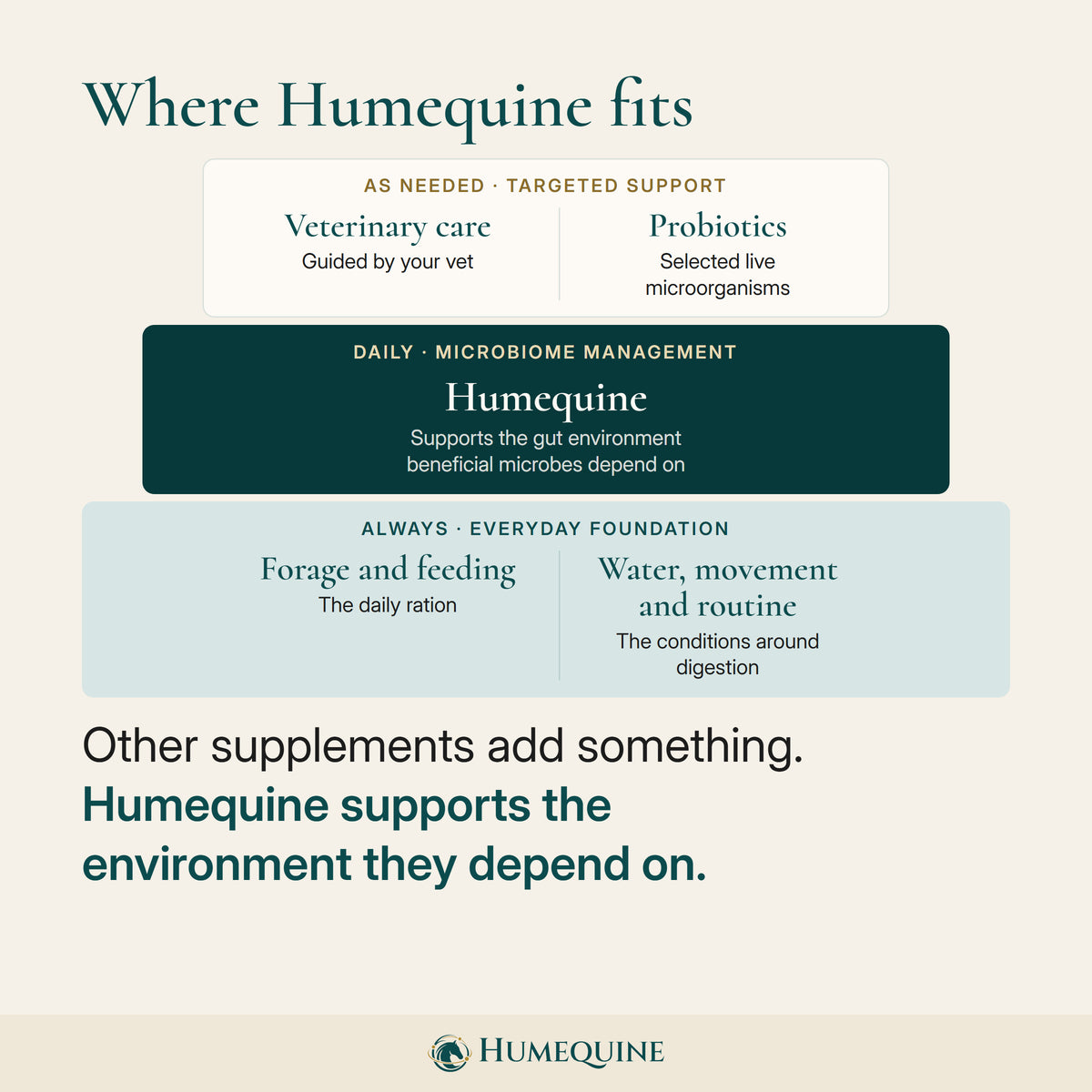 Where Humequine fits: targeted support as needed, Humequine daily for Microbiome Management, and the everyday foundation always.