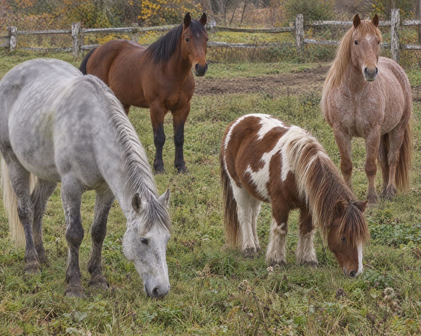 A dappled grey, a bay, a pinto pony and a strawberry roan together in an autumn paddock